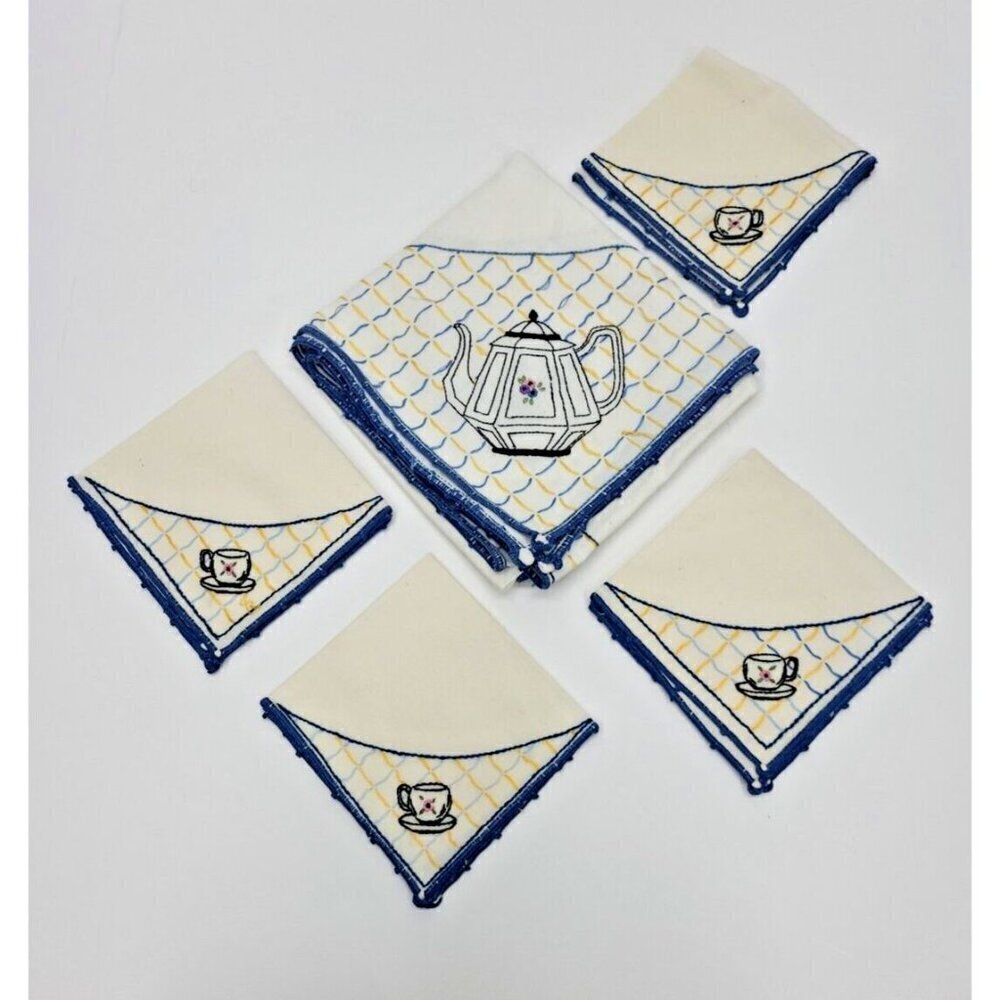 Vintage Hand Made Embroidered MuslinTablecloth and 4 Napkins Teapot and Teacup